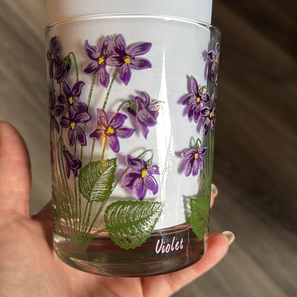 Vintage Cera Violet Old Fashioned Low Ball Rocks Glass Purple Flower Barware MCM - Picture 2 of 5
